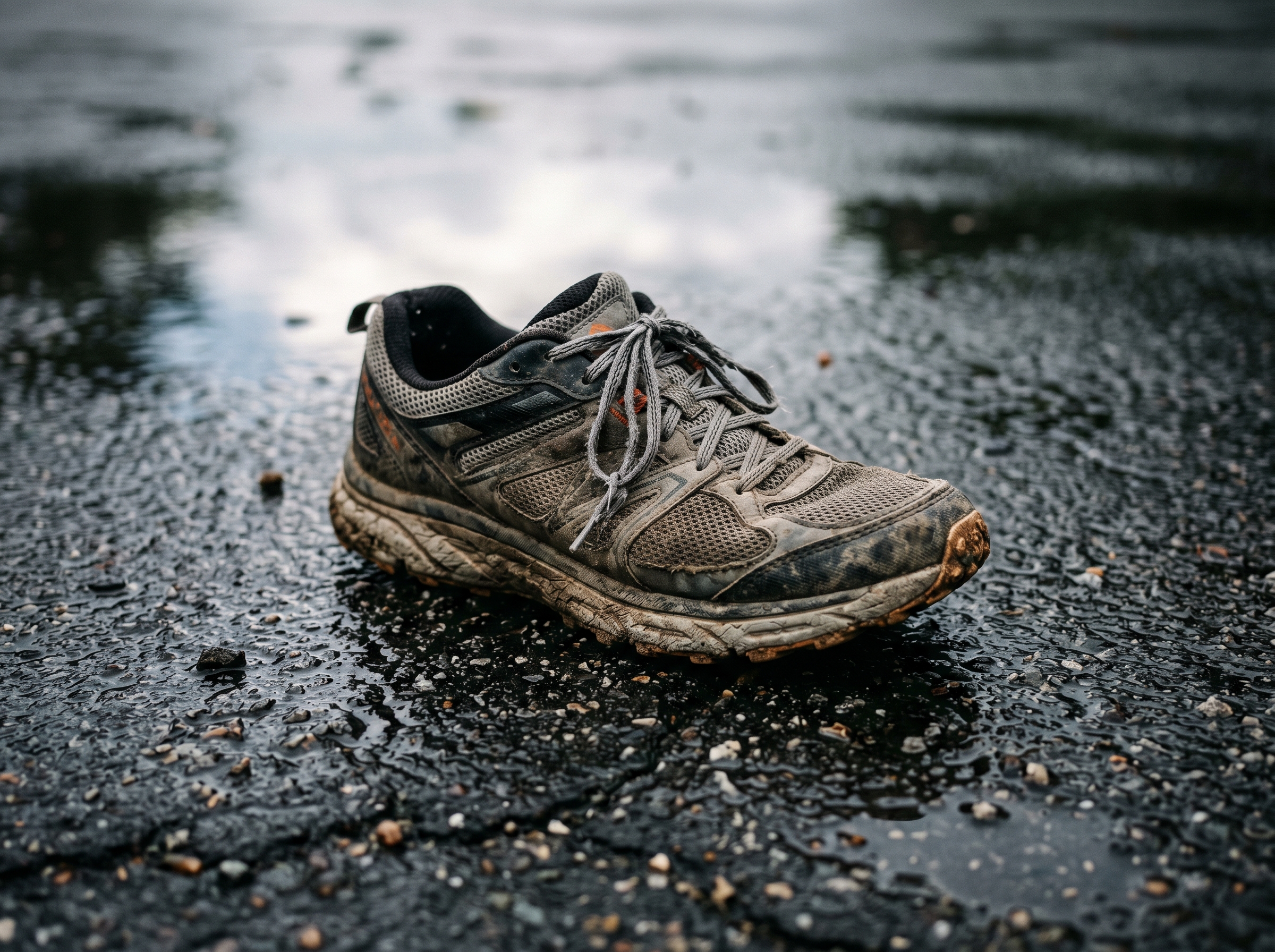 Getragener Laufschuh auf nassem Asphalt nach Regen, Wolkenreflexion (KI-generiert)
