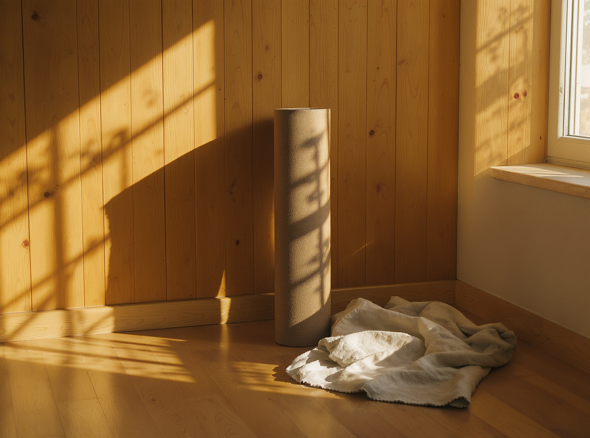 Aufgerollte Yogamatte an heller Holzwand, Leinentuch am Boden im warmen Morgenlicht (KI-generiert)