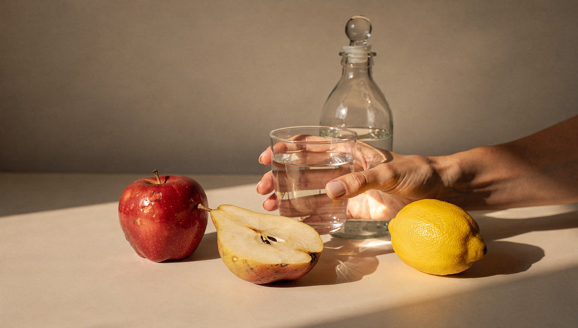 Eine Hand hält ein Glas Wasser neben frischem Obst auf hellem Tisch, warmes Morgenlicht (KI-generiert)
