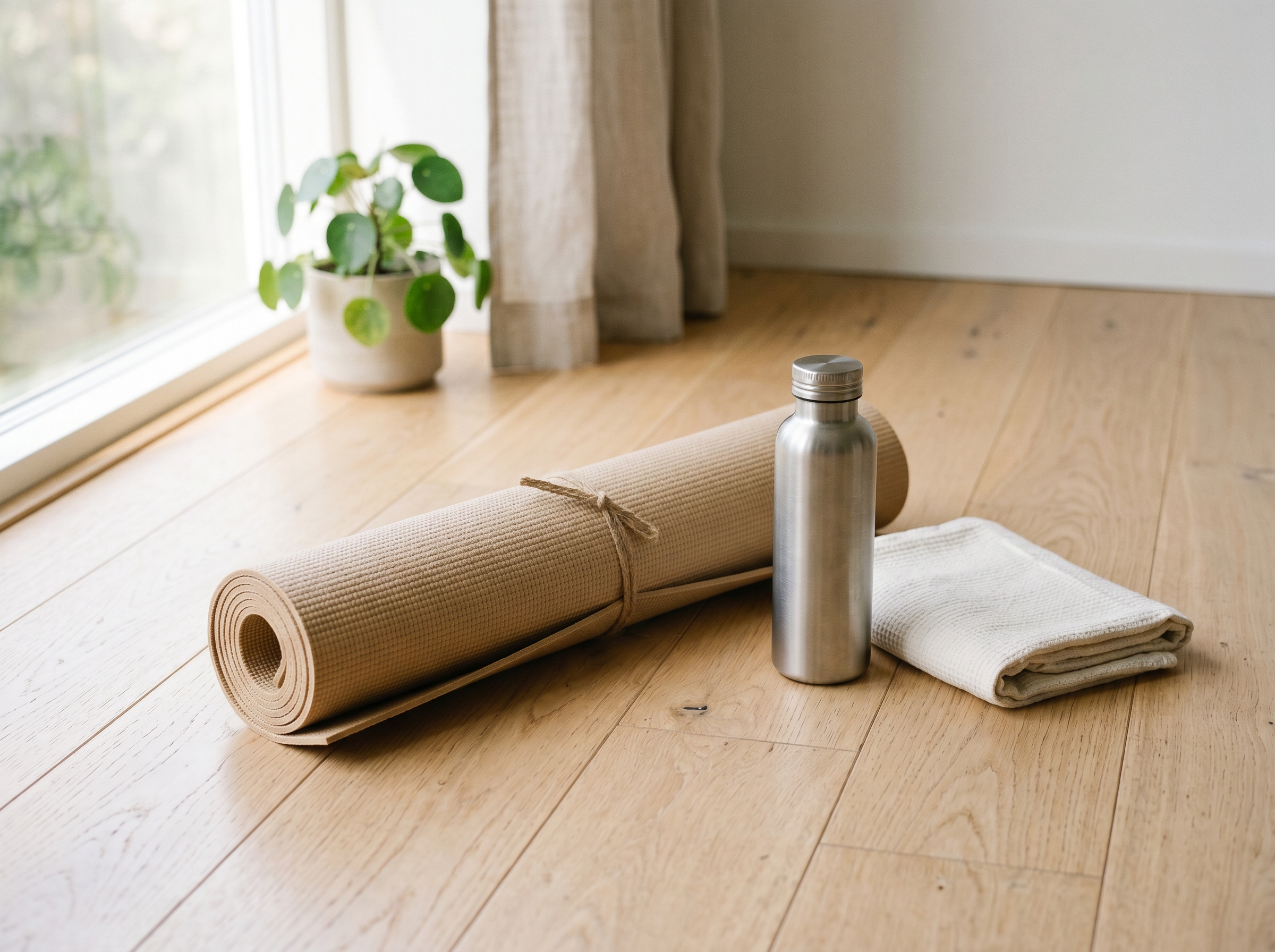 Aufgerollte Yogamatte mit Trinkflasche, Handtuch und einer kleinen Pflanze am hellen Holzboden, weiches Tageslicht (KI-generiert)