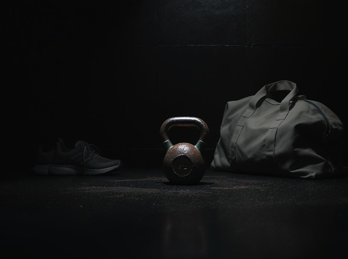 Kettlebell, Laufschuh und Sporttasche auf dunklem Gym-Boden (KI-generiert)