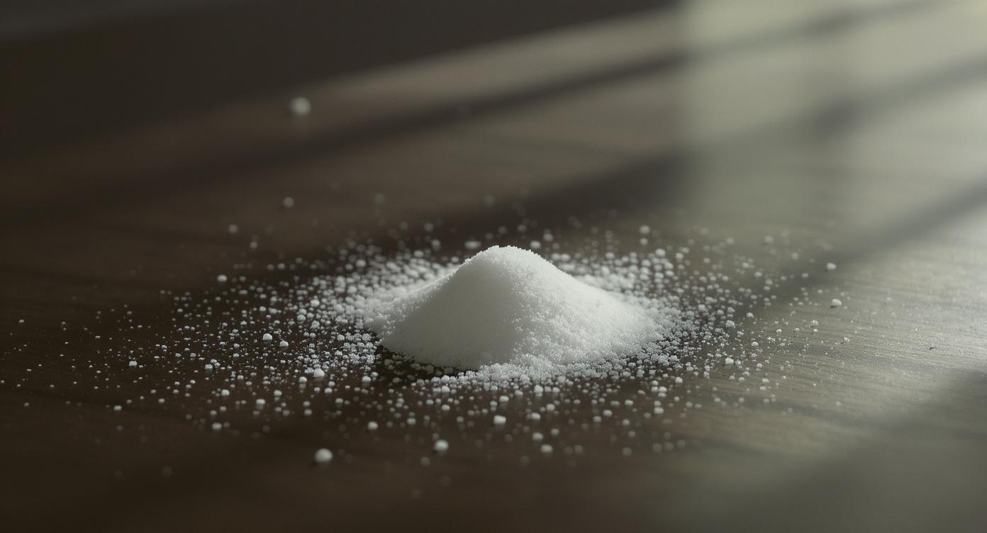 Kleines Zuckerhäufchen auf dunklem Holztisch im warmen Morgenlicht (KI-generiert)