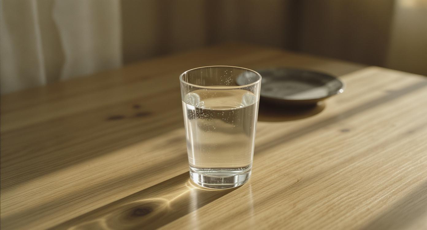 Glas Wasser in warmem Morgenlicht auf hellem Holztisch (KI-generiert)