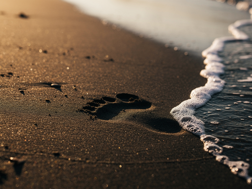 Frischer Barfußabdruck im nassen Sand, eine dünne Welle läuft darüber, warmes Seitenlicht (KI-generiert)