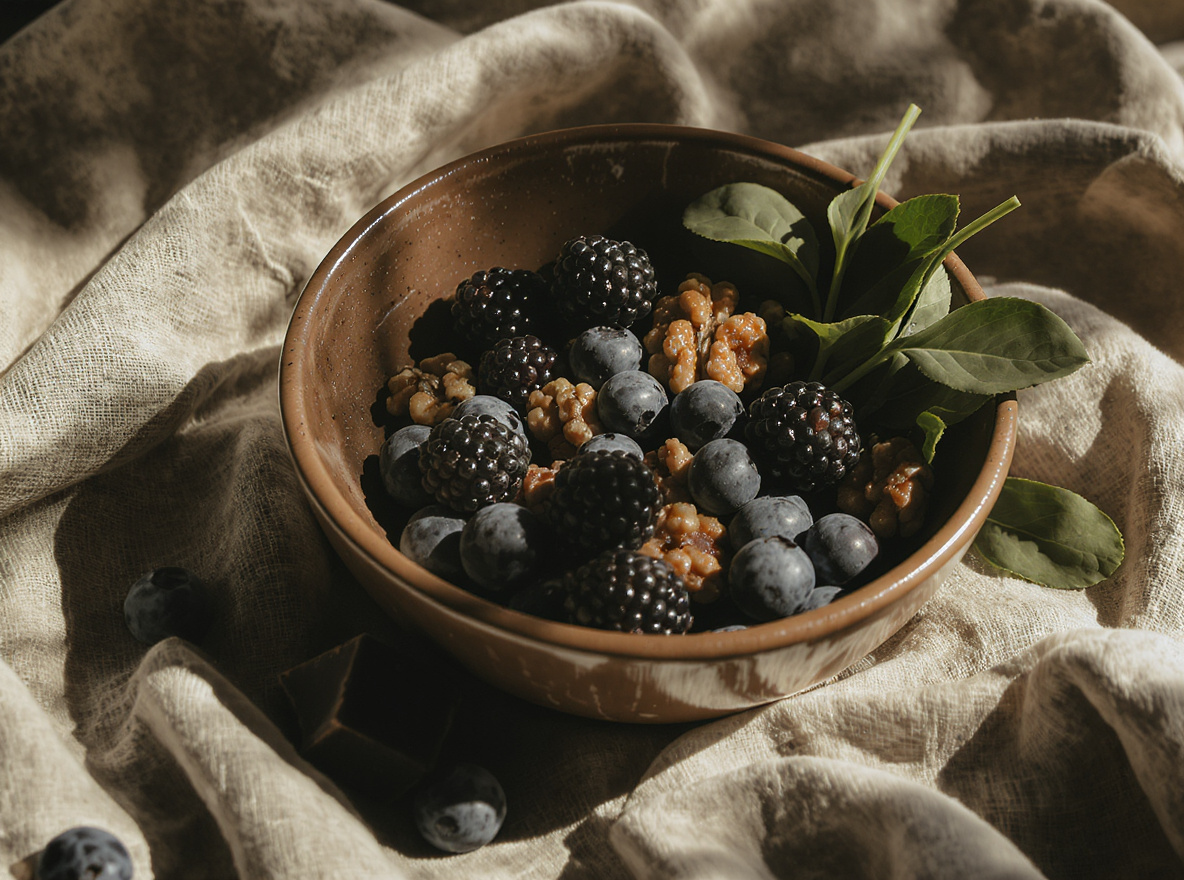 Rustikale Schale mit Blaubeeren, Brombeeren, Walnüssen und frischen Blättern auf Leinen im Morgenlicht (KI-generiert)