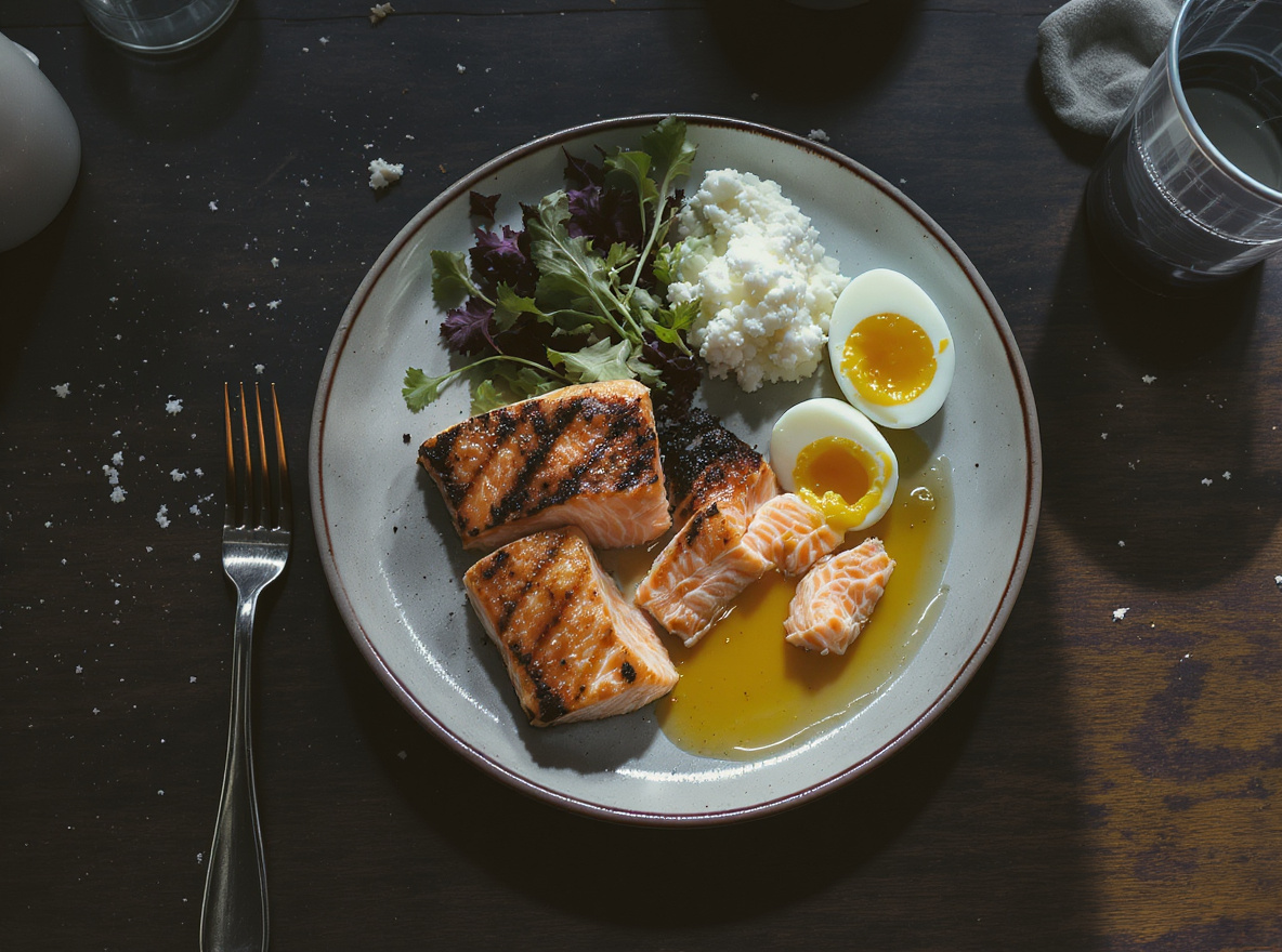 Halb angegessener Teller mit Lachs, Ei mit laufendem Dotter, Quark und Greens (KI-generiert)