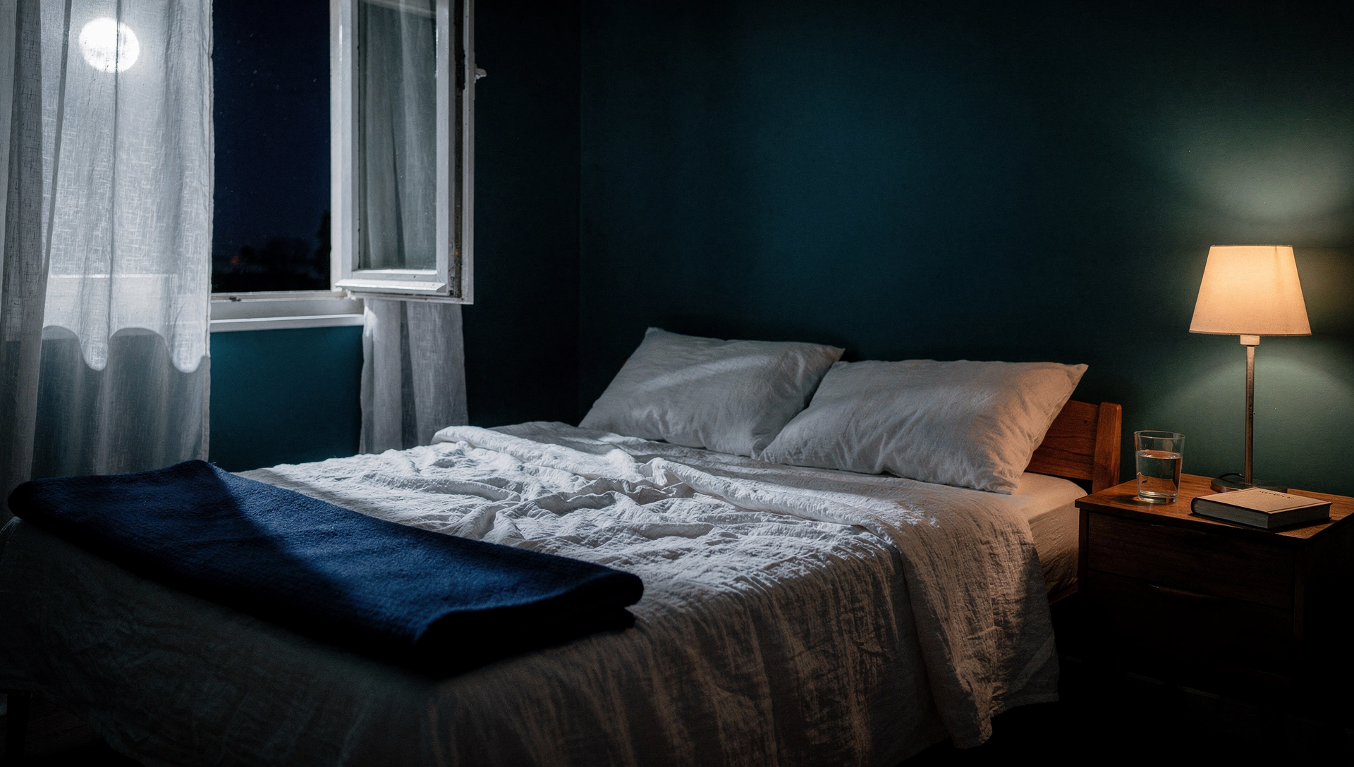 Dunkles Schlafzimmer im Mondlicht: ungemachtes Bett mit weißen Leinen-Kissen, navy-blaue Wolldecke am Fußende, sanftes Mondlicht durch halb geöffnete Vorhänge, Nachttisch mit Lampe und Wasserglas (KI-generiert)