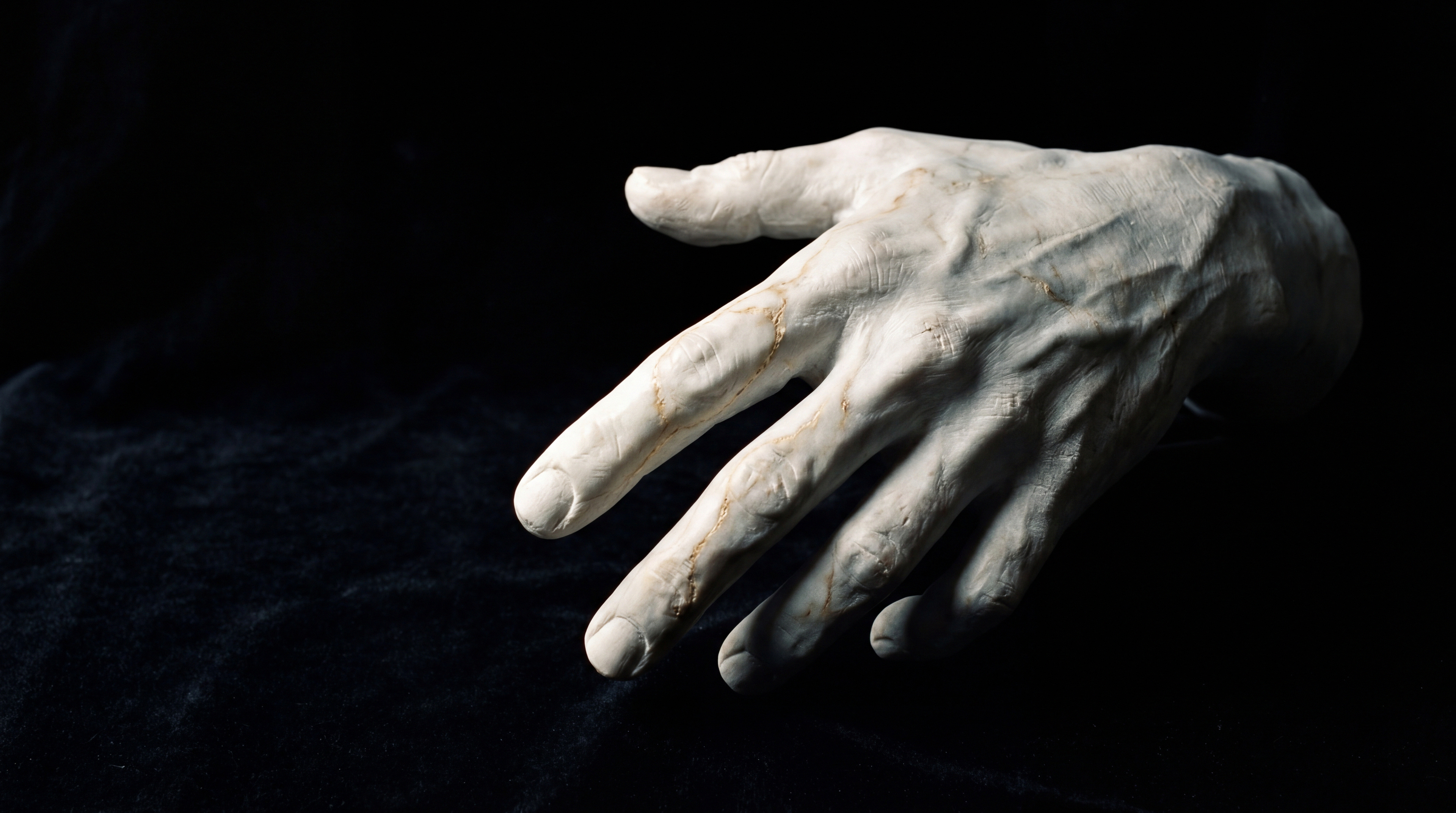 Anatomische Hand-Skulptur aus hellem Marmor mit goldenen Adern, die aus einem dunklen Hintergrund hervortritt (KI-generiert).